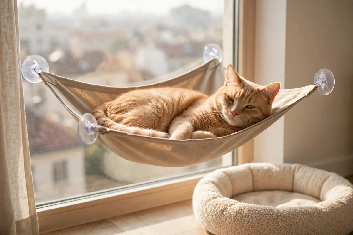 Cat lounging in a window hammock in the sun