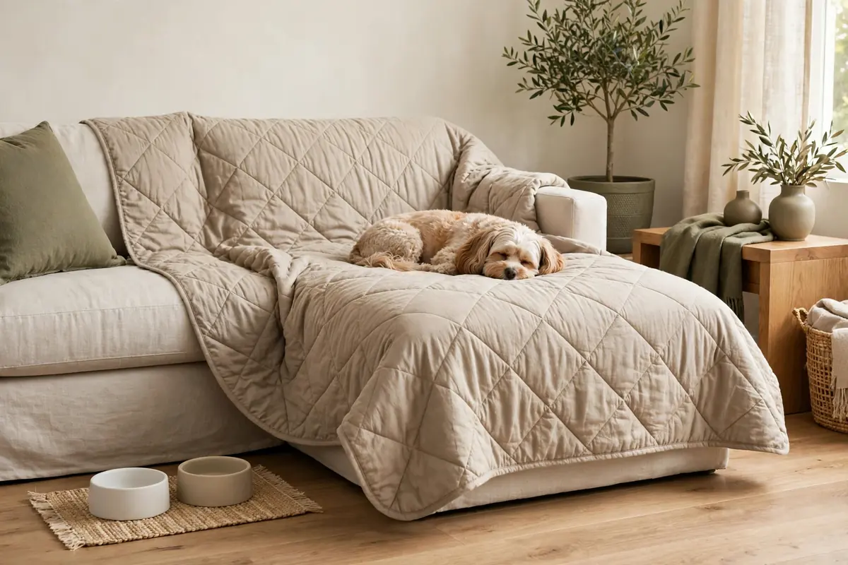 Sofa with a washable pet cover and ceramic bowls in a calm living room