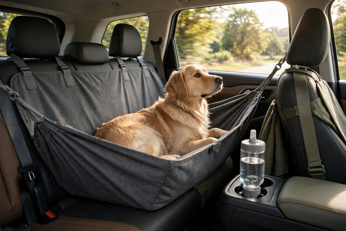 Dog resting on a car seat cover during a road trip