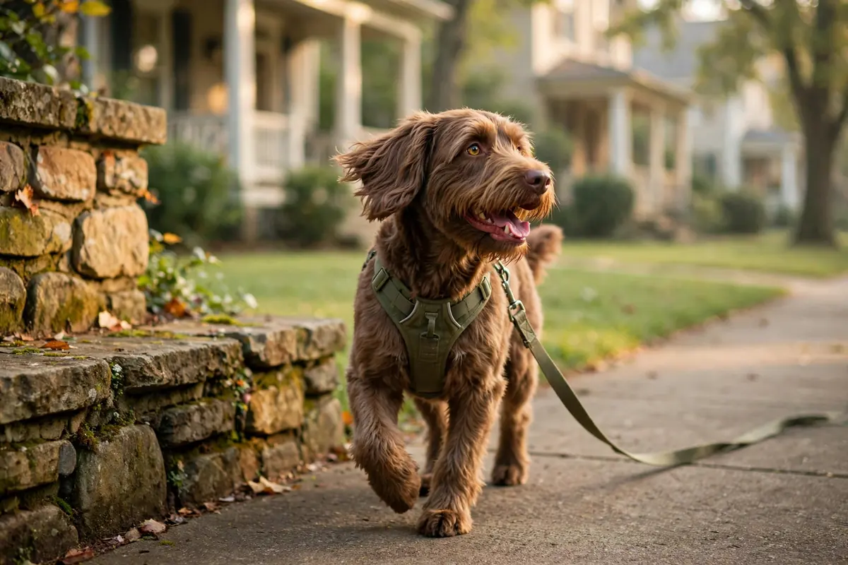 Dog in an olive harness on a neighborhood walk