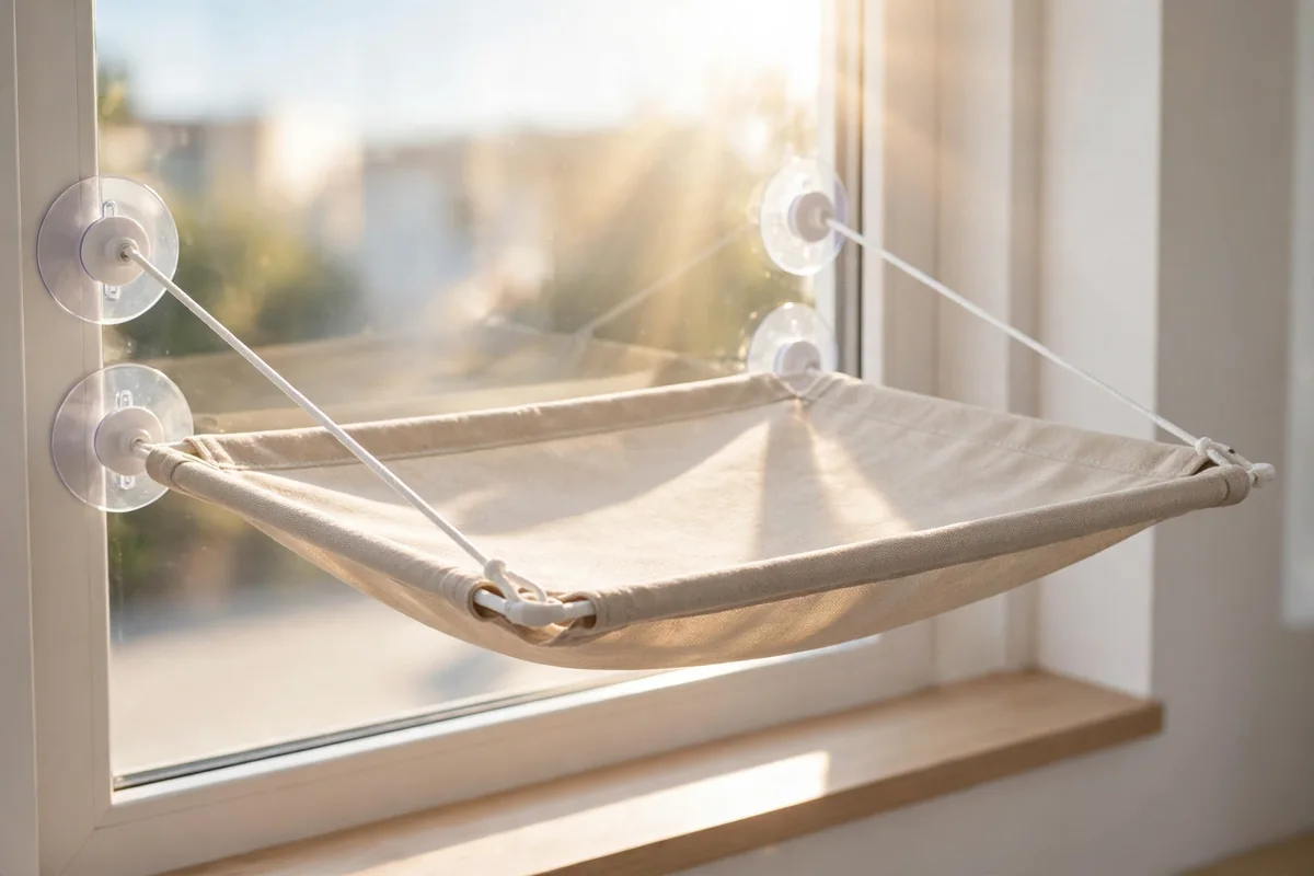 Cat window hammock in sand fabric mounted on a bright window with a cat resting in it