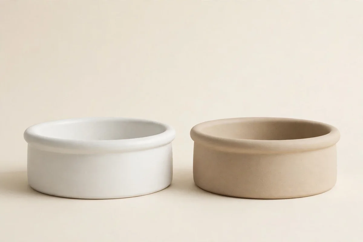 Designer ceramic pet bowl set in matte white and sand on a warm ivory background