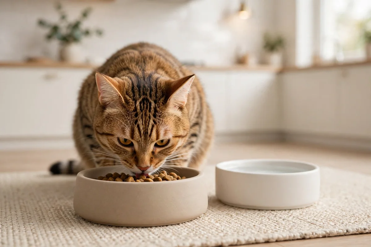 Cat eating from the ceramic bowl set on a kitchen floor mat