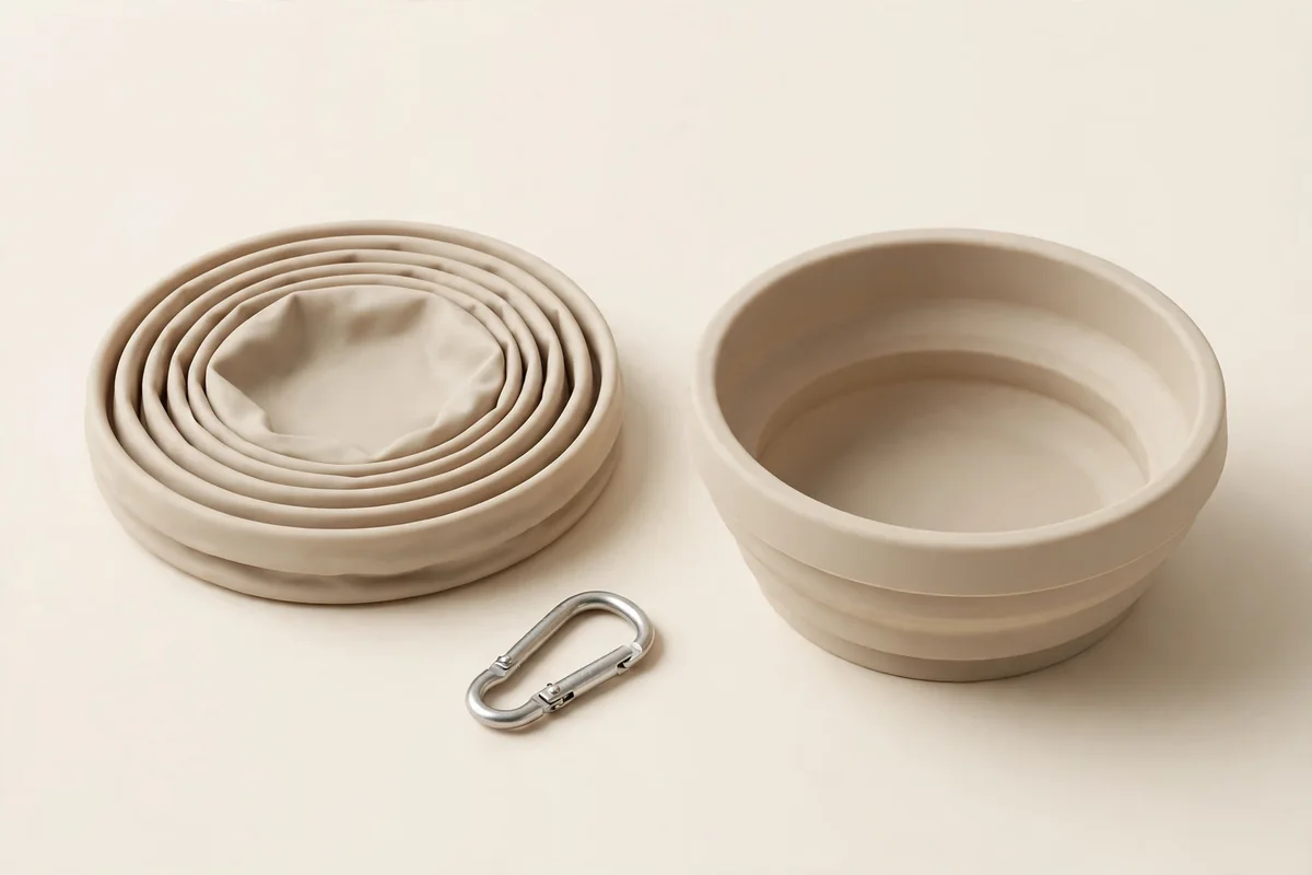 Foldable travel bowl in sand beige shown open and folded flat on an ivory background