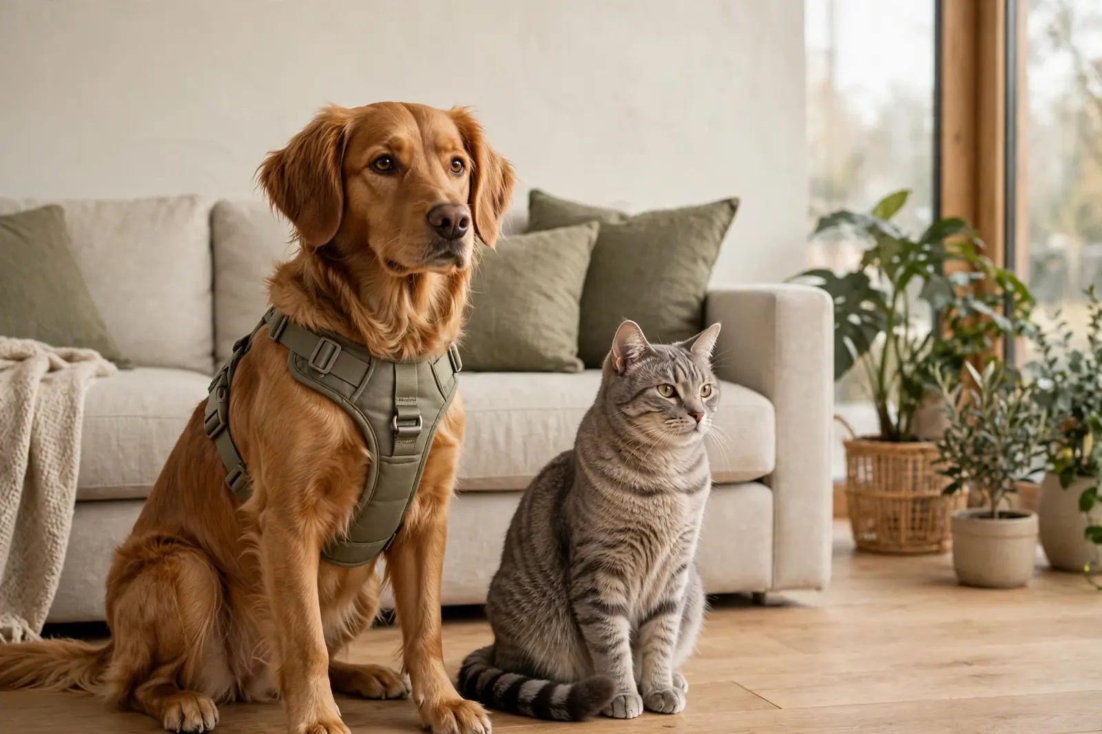 A dog wearing an olive harness beside a tabby cat in a bright contemporary living room