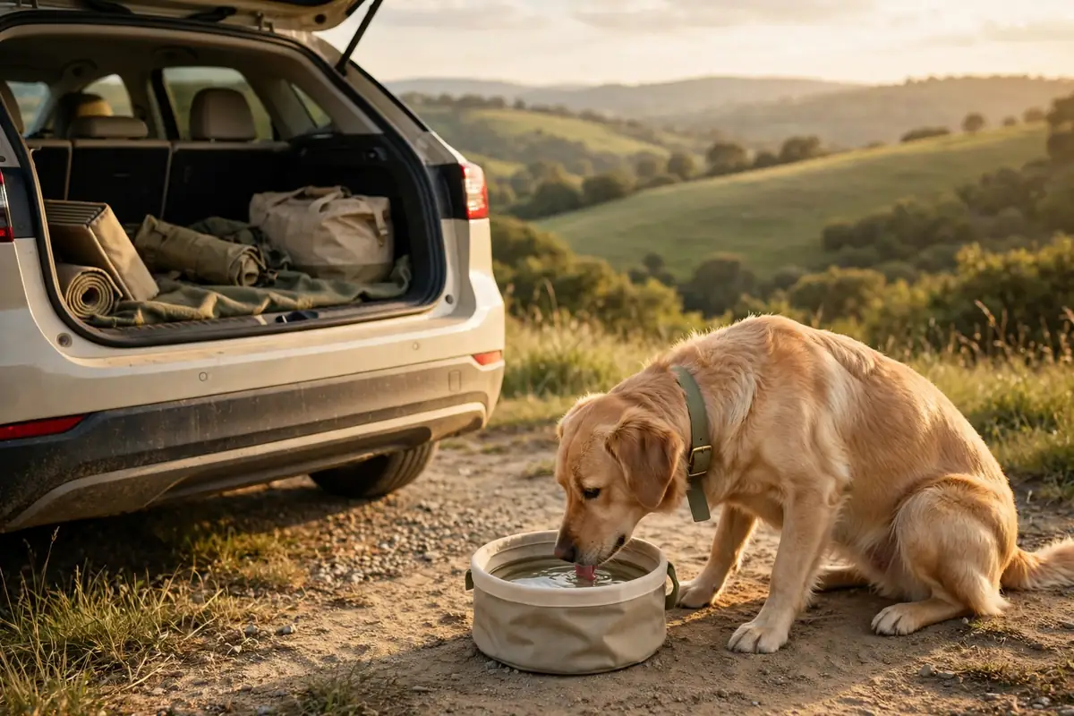 Dog drinking from a foldable bowl beside a car on a road trip