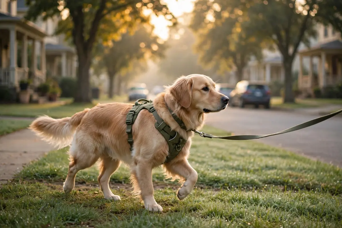 Morning neighborhood walk with a dog in an olive harness