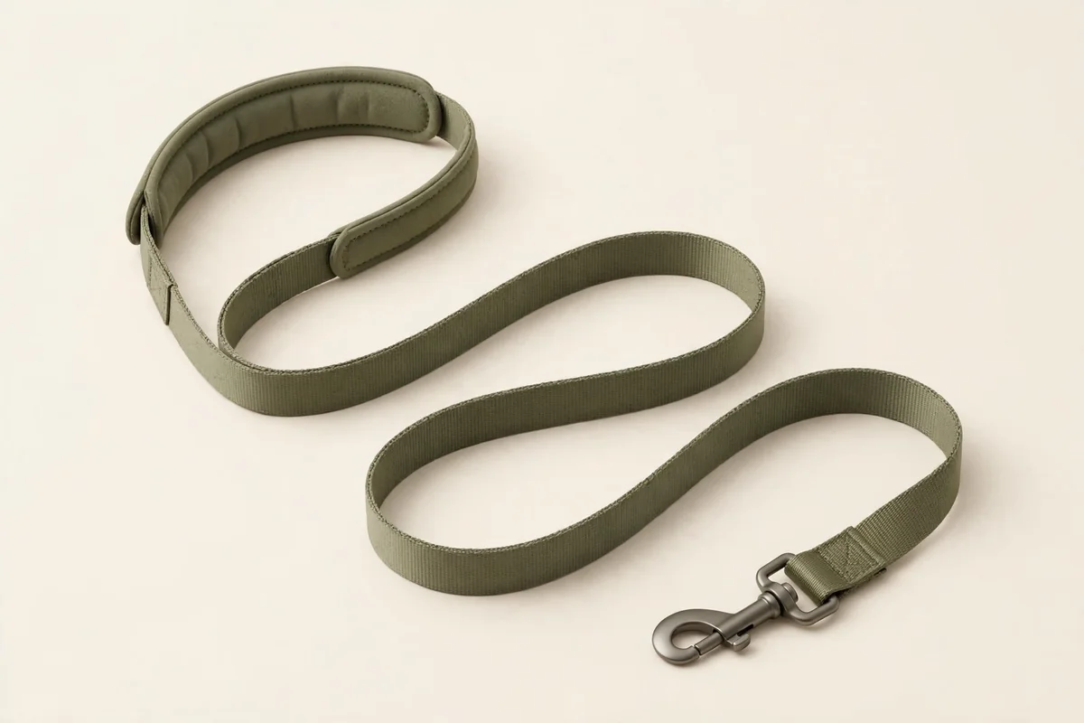 Matching dog leash in olive green with matte clasp on a warm ivory background