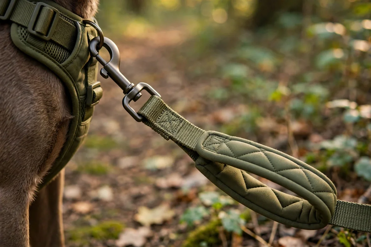 Close view of the padded leash handle and swivel clasp held on a walk