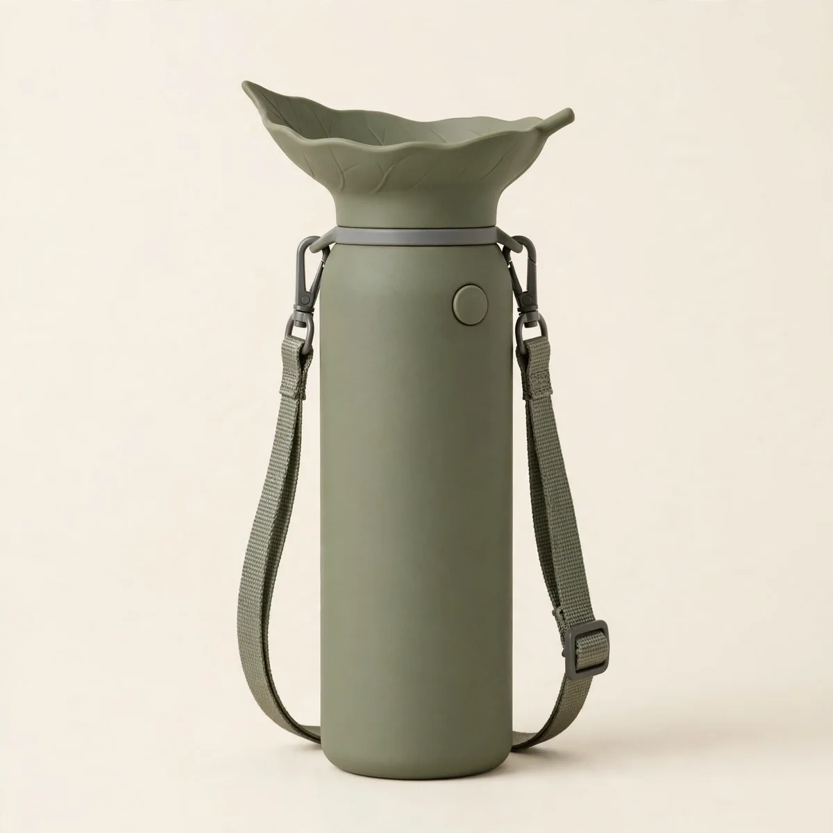 Portable dog water bottle in olive with attached drinking trough on an ivory background
