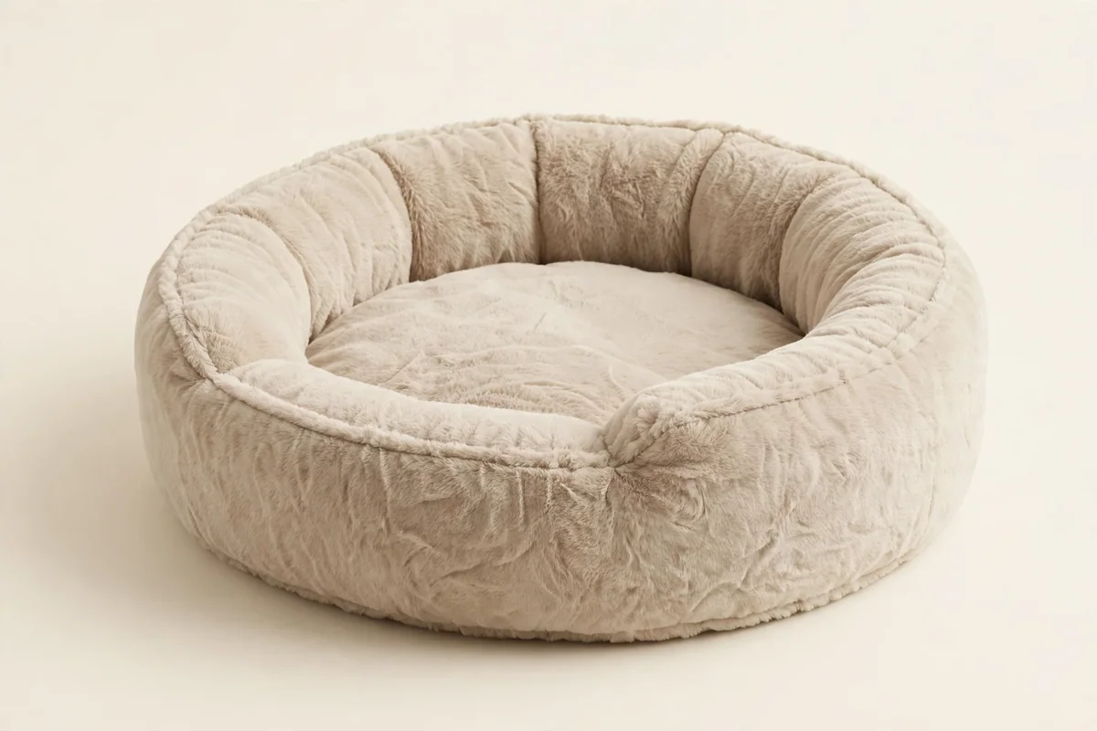 Premium cat bed in sand with raised edges and a cat curled asleep inside
