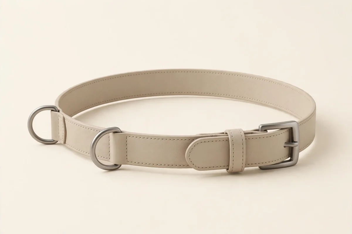 Premium dog collar in sand beige with matte buckle on a warm ivory background