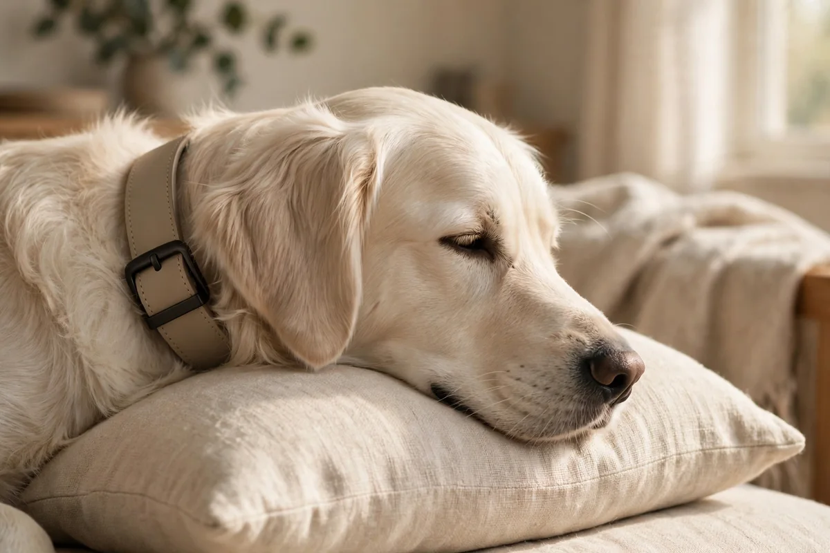 Dog wearing the sand premium collar resting at home on a linen sofa