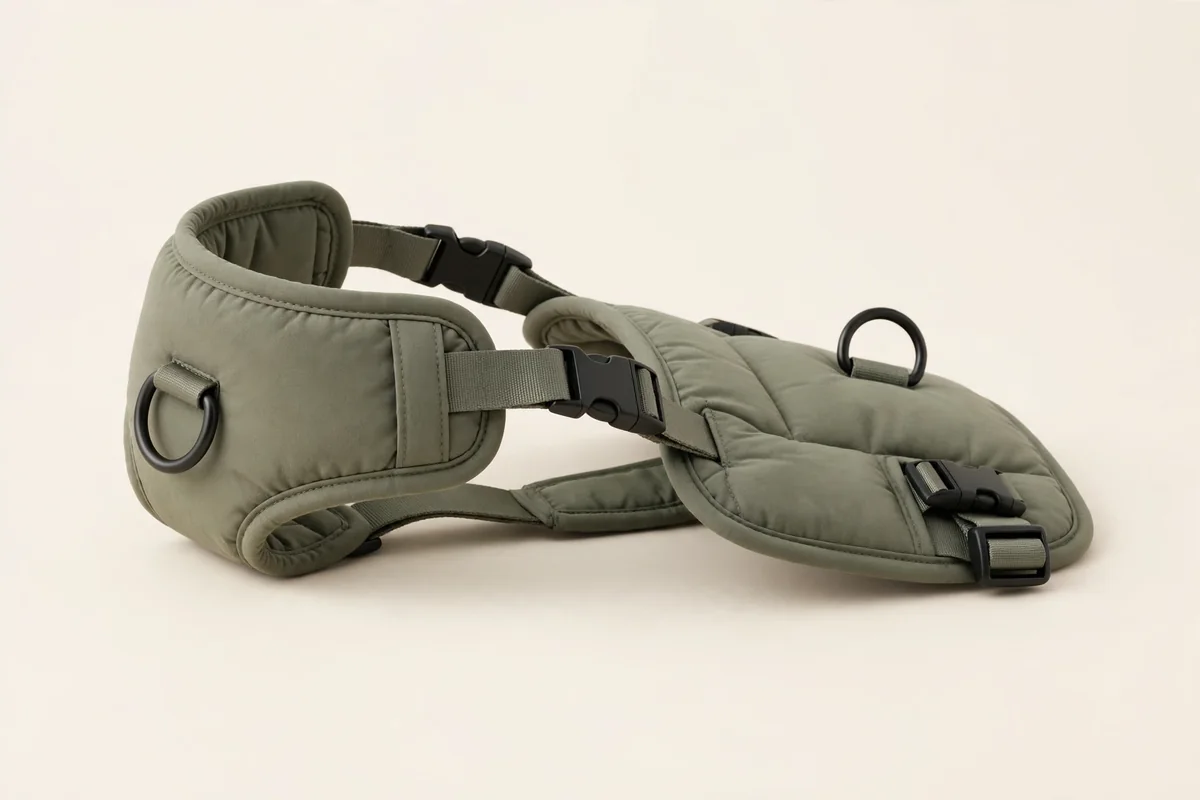 Premium padded dog harness in olive green on a warm ivory studio background