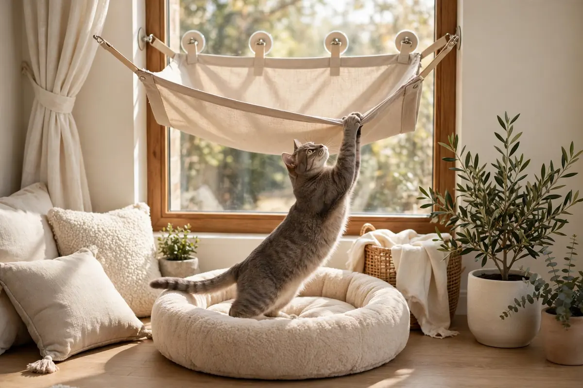 The Cat Comfort Set — sand window hammock above the matching premium cat bed in a sunny corner