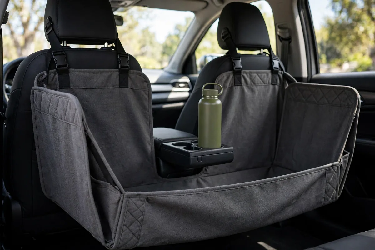 The Road Trip Set — charcoal car seat cover fitted in a car with the portable bottle in the cup holder