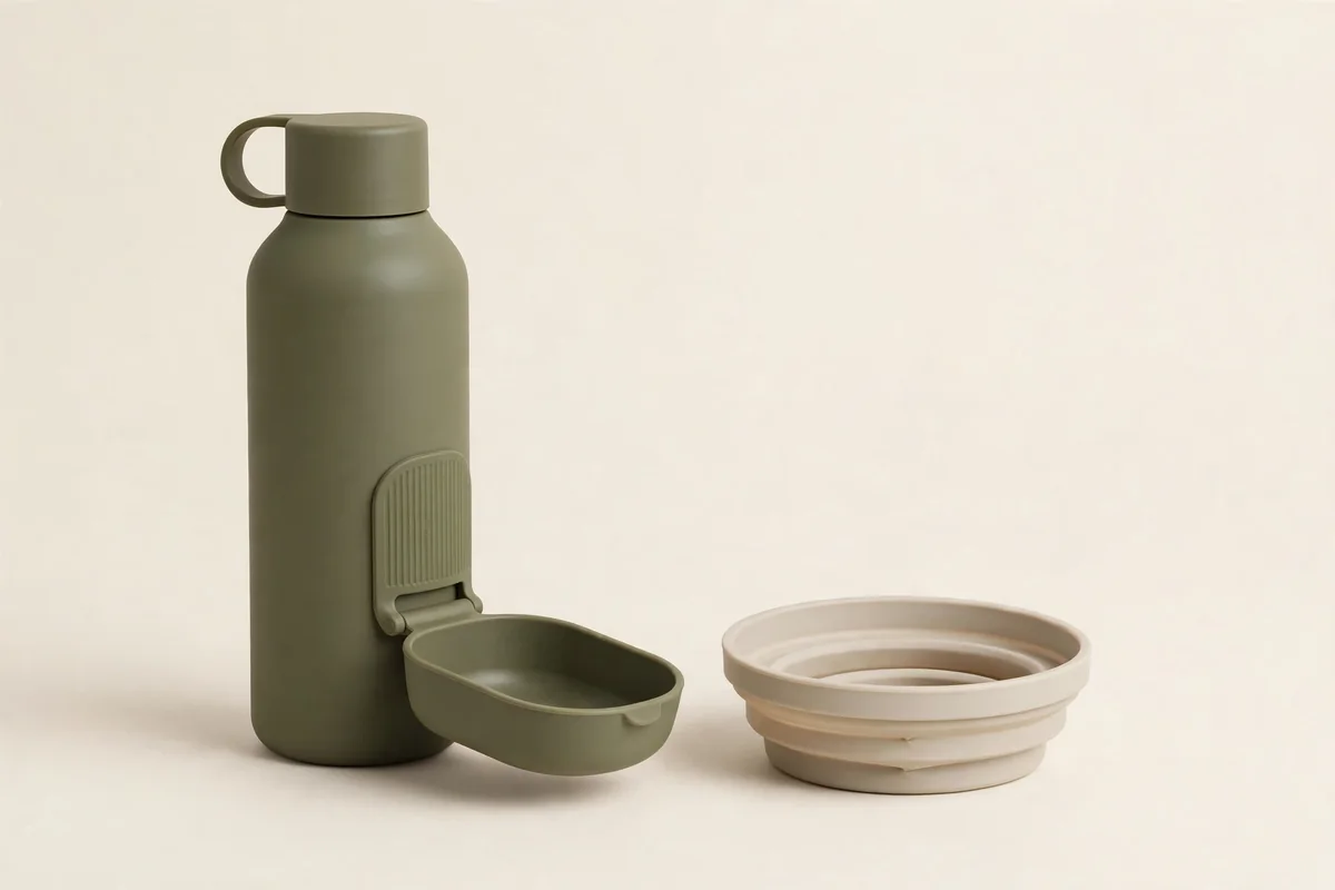 The Travel Essentials Set — olive portable water bottle beside the foldable travel bowl