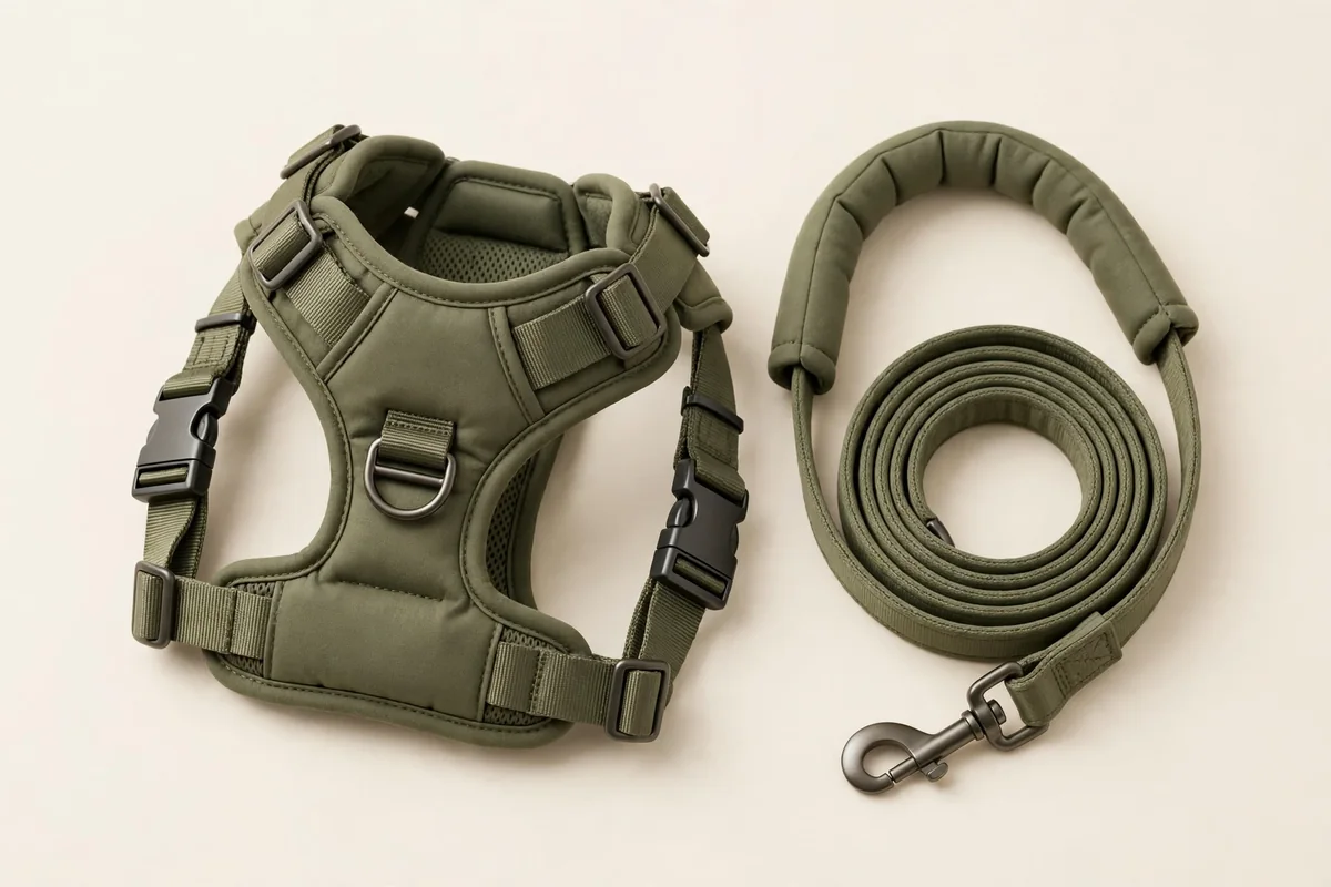 The Walking Set — olive premium dog harness with matching leash arranged together