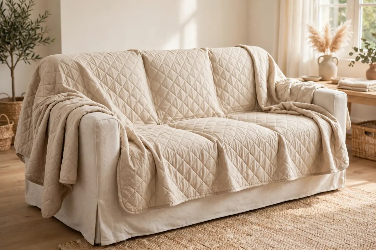 Washable pet sofa cover in sand draped over a linen sofa with a dog resting on it