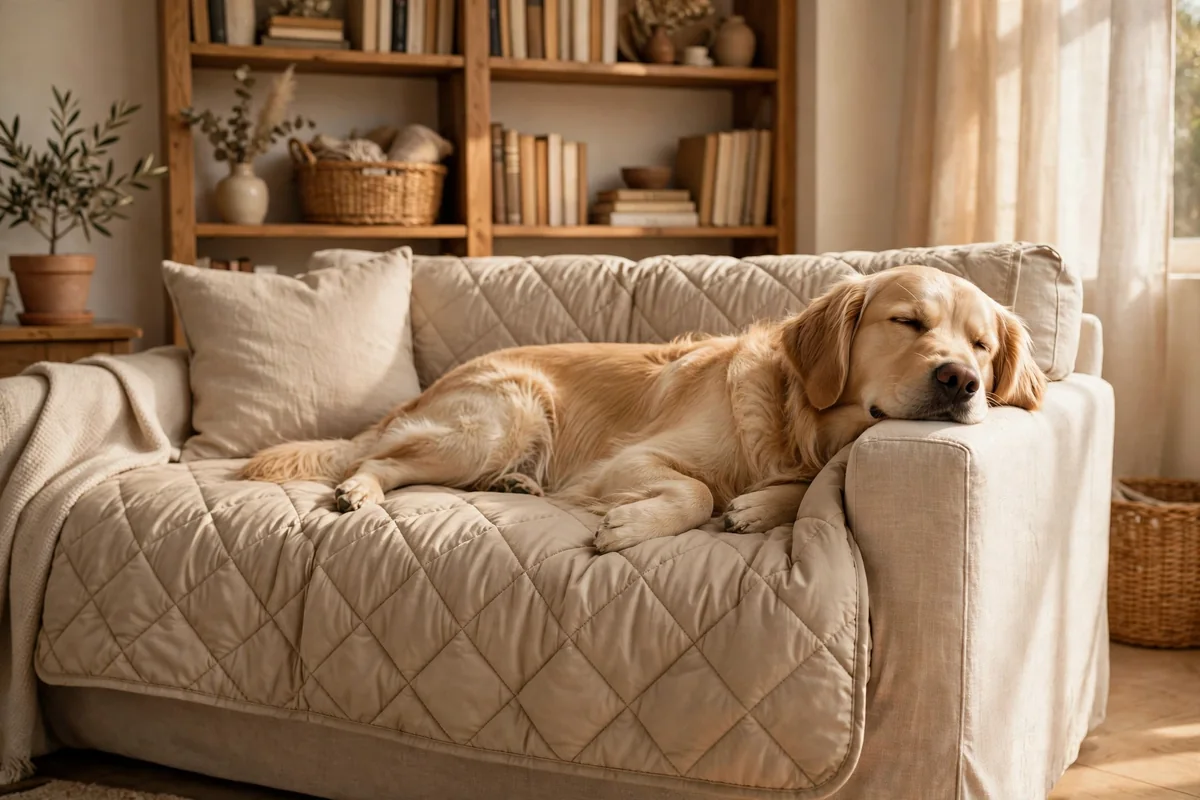 Detail of the quilted sofa cover fabric and anti-slip backing