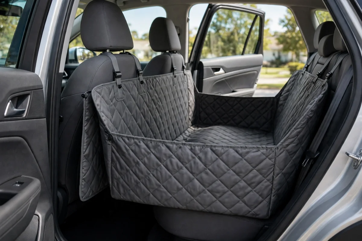 Waterproof dog car seat cover in charcoal fitted across a car rear bench seat